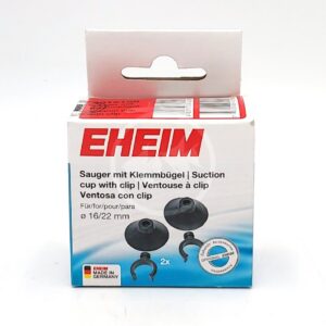 A box of EHEIM suction cups with clips, labeled in multiple languages. The box is mostly white with red and blue accents and shows images of the included suction cups. The EHEIM logo is prominent at the top.