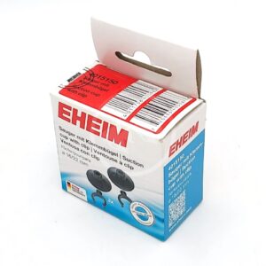 A white and blue box of EHEIM suction cups with clips, featuring product images, a barcode, and multilingual text. The box is partially open at the top and stands on a white background.