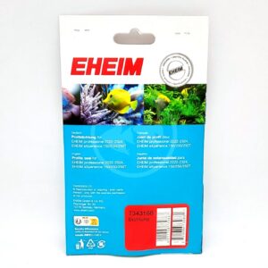 Back of an EHEIM aquarium product package with multilingual text, images of coral and a yellow fish, and a red barcode sticker at the bottom labeled “Dichtung.” Blue and white background.
