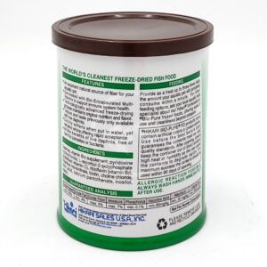 A white cylindrical container with a green lid holds HIKARI FREEZE DRIED DAPHNIA .42 OZ (12G), featuring product info, ingredients, guaranteed analysis, and company details on the label.