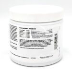 A white plastic container with a screw-on lid displays a label listing ingredients, a guaranteed analysis with nutritional percentages, a barcode, and Product of the U.S.A. printed at the bottom.