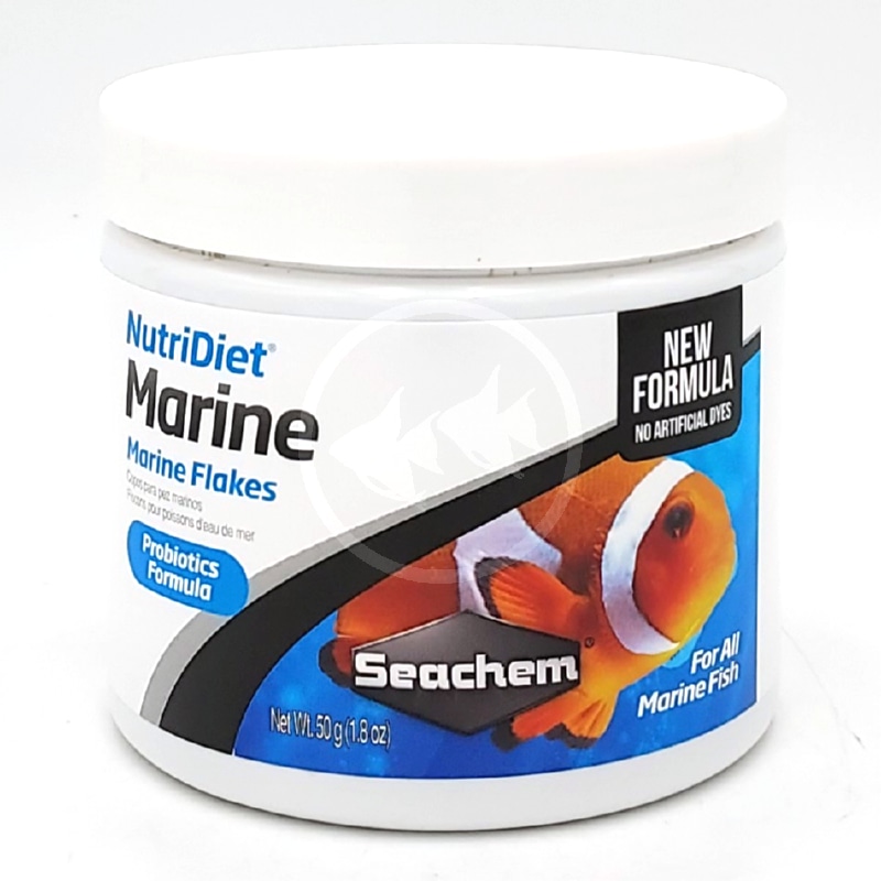 SEACHEM NUTRIDIET MARINE FLAKES 50 G 1 7 OZ FRONT.jpg A white container of Seachem NutriDiet Marine Flakes fish food, featuring an image of a clownfish, product branding, and labels highlighting probiotics formula and suitability for all marine fish.
