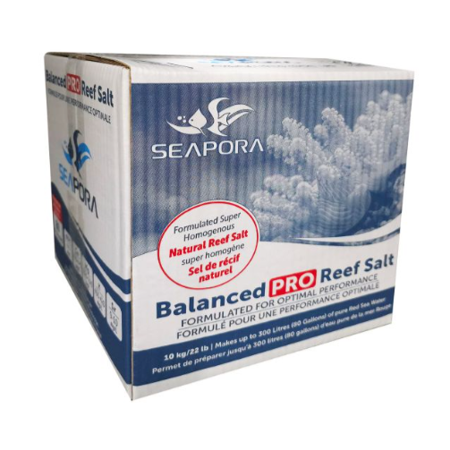 SEAPORA BALANCED PRO REEF SALT 80 GAL BOX.png A white and blue box of Seapora Balanced Pro Reef Salt, featuring a coral reef image and red text highlighting “Natural Reef Salt.” The box is labeled for up to 300 liters (80 gallons) of aquarium water.