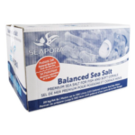 A box of Seapora Balanced Sea Salt for fish and soft corals, labeled as premium sea salt. The box highlights probiotic salt, natural bacteria, and that it makes up to 580 liters (153 gallons) of saltwater.