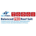 Seapora Balanced Pro Reef Salt label showing key parameters: dKH 8-9 mg/L, Ca 420-440 mg/L, Mg 1320-1370 mg/L, K 400-420 mg/L, Sr 9-10 mg/L. Text in English and French. Fish graphic at top left.