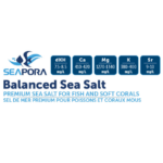 Logo with a fish and the text SEAPORA Balanced Sea Salt. Labels show dKH: 7.5-8.5, Ca: 410-420, Mg: 1270-1340, K: 380-400, Sr: 9-10 mg/L. Caption: Premium sea salt for fish and soft corals in English and French.