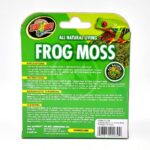 The back of a Zoo Med “Frog Moss” package with product information, usage instructions, and care tips. The packaging features a green and yellow color scheme, a frog image, and the Frog Moss logo.