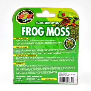 The back of a Zoo Med “Frog Moss” package with product information, usage instructions, and care tips. The packaging features a green and yellow color scheme, a frog image, and the Frog Moss logo.