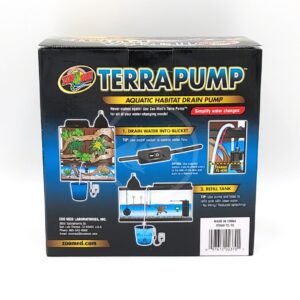 Box of Zoo Med TerraPump Aquatic Habitat Drain Pump. The box shows illustrated steps for draining water into a bucket and refilling a tank, with a blue hose and pump depicted in aquarium scenes.