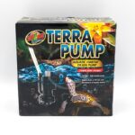 Zoo Med Terra Pump box with a photo of the pump in water, showing a turtle swimming below. The text highlights it as an aquatic habitat drain pump for quickly draining paludariums or aquatic habitats.