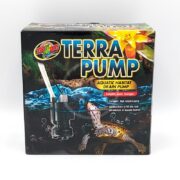 Zoo Med Terra Pump box with a photo of the pump in water, showing a turtle swimming below. The text highlights it as an aquatic habitat drain pump for quickly draining paludariums or aquatic habitats.