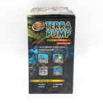 Box of Zoo Med Terra Pump aquatic habitat drain pump, showing product features for freshwater or marine aquariums, paludariums, and turtle tanks; technical data is listed at the bottom.