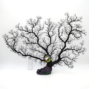 The UT SEA FAN BLACK, a strikingly black branching coral, is shown upright on a small base with a ruler for scale and a round center label, all set against a plain white background.