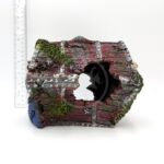 A weathered PP RESIN TREASURE CHEST ornament features a large side hole, moss and barnacle details, shown with a ruler for scale against a white background.