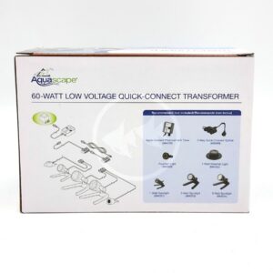 Box for Aquascape 60-Watt Low Voltage Quick-Connect Transformer, showing diagrams of connection setup and recommended compatible accessories, with product branding and details on a white background.