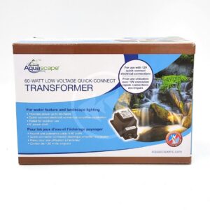 A box for an Aquascape 60-watt low voltage quick-connect transformer, featuring images of a waterfall, the transformer, and product details in English and French for water feature and landscape lighting.
