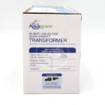 A white box with blue accents labeled “Aquascape 60-Watt Low Voltage Quick-Connect Transformer.” The box lists specifications, features a photo cell, and includes product dimensions and a 12V waterproof transformer.