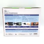 Back of an Aquascape Pond Powerhead box showing installation instructions, technical specifications, and images demonstrating step-by-step setup. Text is in English and French.