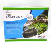 Box for Aquascape Pond Powerhead featuring a photo of a pond with water lilies, an image of the powerhead device, and text highlighting its ability to increase circulation and eliminate stagnant areas in ponds.