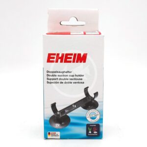 A white box with red EHEIM branding displays the EHEIM 7443900 JAGER HEATER HOLDER, a double suction cup holder for aquariums. The front features a product image and multilingual text describing its use.