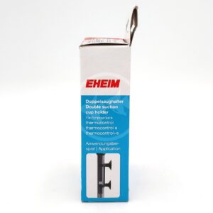 Side view of the EHEIM 7443900 JAGER HEATER HOLDER box, mainly white and blue with multilingual text and a partial image showing double suction cups on a vertical rod. Suitable as a holder for EHEIM JAGER heaters.