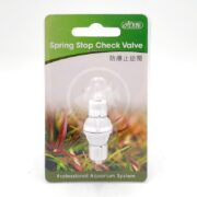 A packaged white spring stop check valve for aquariums from the brand ISTA. The packaging features green and white colors, grass graphics, and bilingual text in English and Chinese.