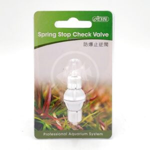 A packaged white spring stop check valve for aquariums from the brand ISTA. The packaging features green and white colors, grass graphics, and bilingual text in English and Chinese.