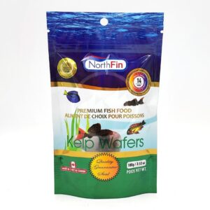 A package of NorthFin Kelp Wafers premium fish food, featuring colorful graphics of fish and product information. The bag contains 100g (3.5 oz) and highlights quality and kelp ingredients on the front.