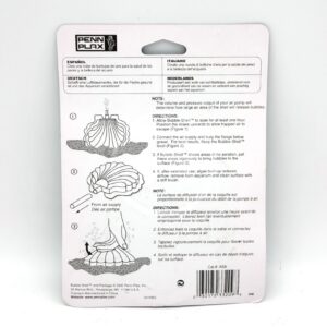 Back of a Penn Plax Bubble Shell product packaging, showing instructions and diagrams for an aquarium air stone device. Text appears in English, Spanish, German, Italian, and Dutch, alongside black-and-white illustrations.