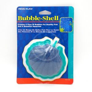 A packaged Penn-Plax Bubble-Shell aquarium accessory, shaped like a clam shell, designed to create bubbles for fish tanks. The package is blue with yellow and white text and features an image of an aquarium.