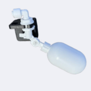 A white plastic float valve with a black mounting bracket, commonly used for controlling water levels in tanks or reservoirs.
