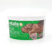 A white container labeled vitalis Aquatic Nutrition Plec Pellets with an image of a brown catfish. The label notes the pellets are for grazing catfish and the net weight is 5.64 oz (160g).
