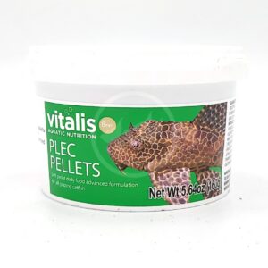 A white container labeled vitalis Aquatic Nutrition Plec Pellets with an image of a brown catfish. The label notes the pellets are for grazing catfish and the net weight is 5.64 oz (160g).