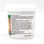 A white plastic container of fish food with a detailed ingredients and nutritional analysis label. The label includes percentages of protein, fat, fiber, and a list of vitamins and minerals. The Worldfeeds logo is at the bottom.