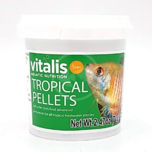 A white tub of Vitalis Aquatic Nutrition Tropical Pellets fish food, featuring a colorful fish image on the green label, and text indicating it is 2.47 oz (70g) for freshwater species.