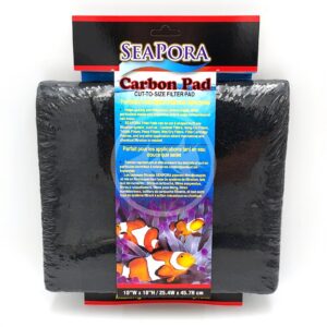 The SEAPORA PAD CARBON 10"X18" is a black cut-to-size filter pad with colorful clownfish illustrations on the label. It measures 10 x 18 inches (25.4 x 45.7 cm).