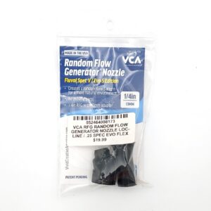 A sealed plastic package containing a VCA RFG RANDOM FLOW GENERATOR NOZZLE LOC-LINE for Fluval Spec V Evo 5, compatible with 1/4 inch (13mm) fittings. The nozzle is visible inside the package.