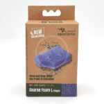 A brown box labeled aquatlantis contains a purple coarse foam filter for aquariums. The packaging highlights NEW generation and states 90-150 days and Coarse Foam L (10ppi) with a water splash graphic.