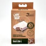 A cardboard box of Aquatlantis Bact Life L, an ecological aquarium product for bacteria habitat, labeled new generation. The box is brown with green and white accents and displays images of the product and eco-friendly icons.