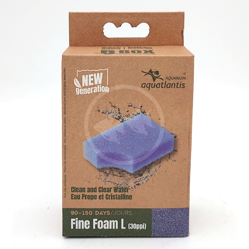 AQUATLANTIS-B-BOX-CARTRIDGE-L-FINE-FOAM-30-PPI.jpg A cardboard box of Aquatlantis aquarium Fine Foam L filter (30ppi), featuring an image of a purple cleaning sponge and text highlighting new generation and clean and clear water for 90-150 days.