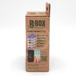 Brown cardboard box of B-BOX Ecological Cartridge with labeled diagram showing five filter layers: Coarse Foam, Pure Water, Cleanwater, Anti Algae, and Bact Life. Text and a QR code are also visible on the box.
