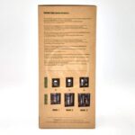 Brown cardboard packaging with printed instructions for Modular Cups in multiple languages. The bottom half shows four photos demonstrating how the modular cups can be stacked in different configurations.
