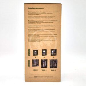 Brown cardboard packaging with printed instructions for Modular Cups in multiple languages. The bottom half shows four photos demonstrating how the modular cups can be stacked in different configurations.