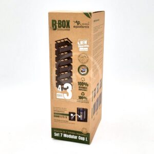 A cardboard box labeled B-BOX contains a set of seven modular aquarium filter cups by Aquatlantis. The packaging features images of the filter cups, eco-friendly icons, and product information in multiple languages.