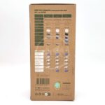 A cardboard box with a chart showing EHEIM filter models and compatible filter media types, with illustrations of filter layers. Various icons and recycling symbols are at the bottom, and text is in English and French.