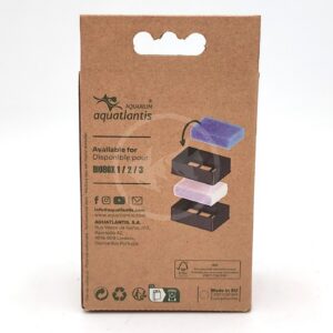 Brown cardboard packaging for Aquatlantis aquarium filter sponges, showing three colored sponges (purple, blue, white) stacked on black filter bases. Product details and contact info are printed in English, French, and Portuguese.