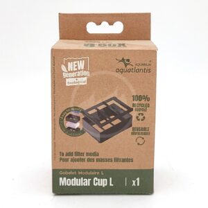 A cardboard box labeled Modular Cup L by Aquatlantis for aquarium use, featuring eco-friendly symbols and text about being made from 100% recycled material and reusable, with a photo of the product on the front.