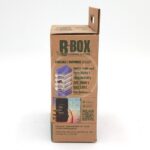 A brown rectangular B-BOX ecological cartridge box with labeled filter layers and a QR code on the front. The side shows a hand holding a smartphone and text about easy management of filter consumables.