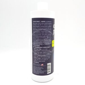 A white bottle of ENDICH COPPER POWER SW 16 OZ fish treatment is shown, displaying the back label with product info, usage instructions, and company contact details in white and yellow text on a dark background.