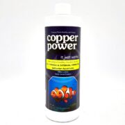 A white bottle of ENDICH COPPER POWER SW 16 OZ with a label showing clownfish, bold white text, and yellow highlights for treating ich, fungus, and external parasites in saltwater aquariums.